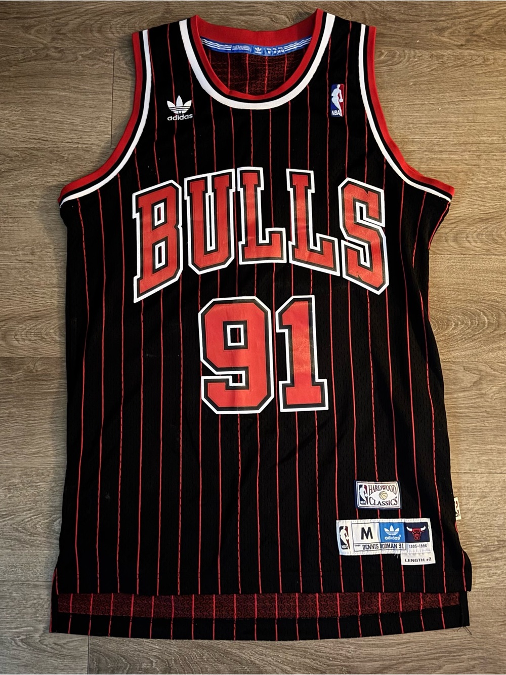 adidas Black and Red Chicago Bulls #91 Pinstripe Jersey